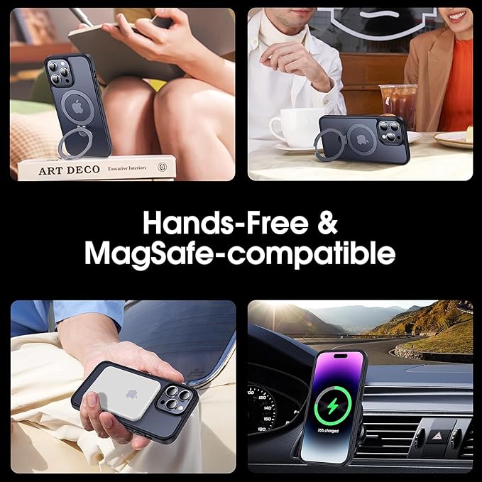 CASEKOO for iPhone 15 Pro Case with Magnetic Invisible Stand [Military Drop Protection] [Compatible with MagSafe] Shockproof Slim Translucent Matte Case 6.1 Inch, Black, for Man/Woman
