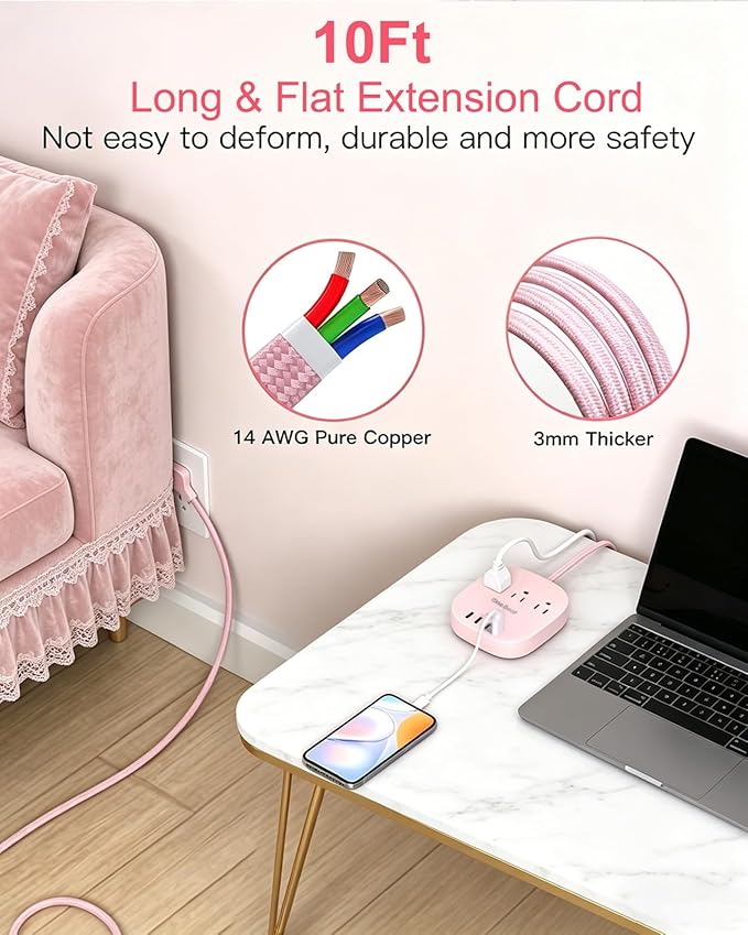Cruise Ship Travel Essentials, 22.5W/4.5A Flat Plug Power Strip, 10Ft Long Extension Cord, 3 Outlets 4 USB Ports (2 USB C) Cruise Approved Power Strip No Surge Protection, USB Charging Station, Pink