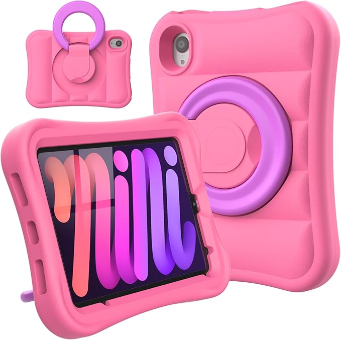 Kids Case for iPad mini 7 (A17 Pro) 2024 / Mini 6th Gen 2021 8.3 inch – Lightweight Flexible Shockproof Rotating Stand Handle Rugged Cover for iPad mini 7th 6 Generation Girls Boys, Pink
