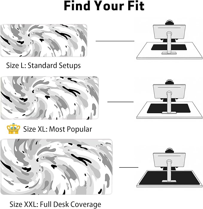 Gaming Mouse Pad L (31.5x11.8in) - Abstract Grey & White Liquid Swirl, Modern Fluid Art Pattern - Office Desk Decor