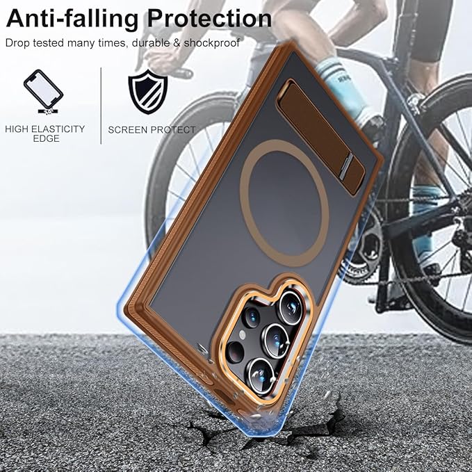 MALEWOLF Case for Samsung Galaxy S24 Ultra, Compatible with Magsafe, [Invisible & Adjustable Stand] for Matte Translucent Cover, Anti-Slip Shockproof Slim Phone Case for Galaxy S24 Ultra (Brown)