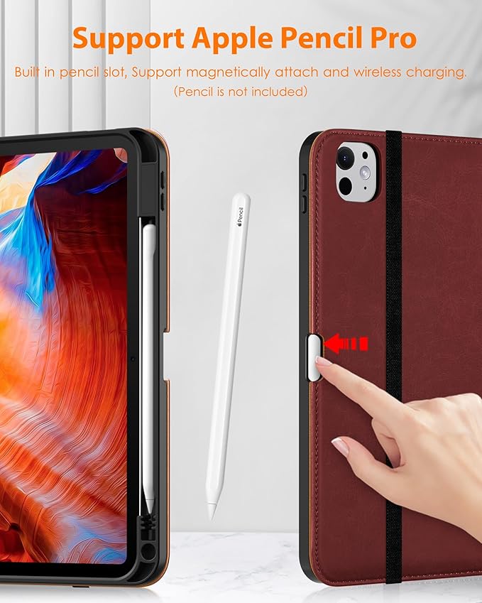 DTTO for iPad Pro 11 inch Case (M5/M4) 2025/2024, Premium Leather Business Folio Stand Cover with Pencil Holder - Auto Wake/Sleep and Multiple Viewing Angles, Burgundy Red