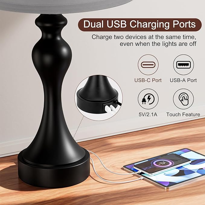 Seealle Touch Lamps for Nightstand - Bedside Lamps Set of 2, 3 Way Dimmable, USB C+A for Bedroom & End Tables (Black&Grey)