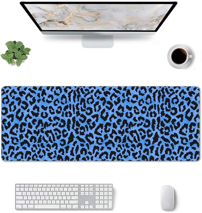 Blue Leopard Skin Print XL Large Mouse Pad with Stitched Edges Long Non-Slip Rubber Base Mousepad Laptop Keyboard Mat Desk Pad for Office Home Desk Decor, 31.5" X 11.8"
