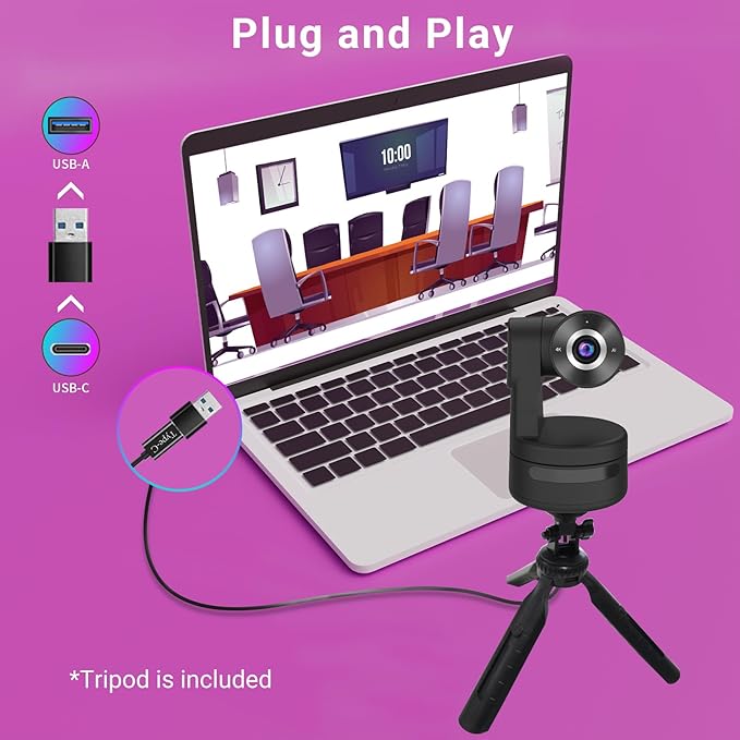 Tiny 4K PTZ Webcam HDR ½.8" Sensor Auto-Frame Gesture Control Built-in Pickup Support USB Audio and Video Output for Online Meetings, Online Chats, Online Classes, Live Streaming, etc.