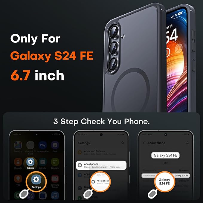 TOCOL Magnetic for Samsung Galaxy S24 FE Case, [15FT Military Grade Protection] [Compatible for Mag-Safe] Translucent Matte Hard Back for Galaxy S24 FE 6.7 Inch, Magnetic-Black | Magnetic, Translucent, Matte, Hard Back