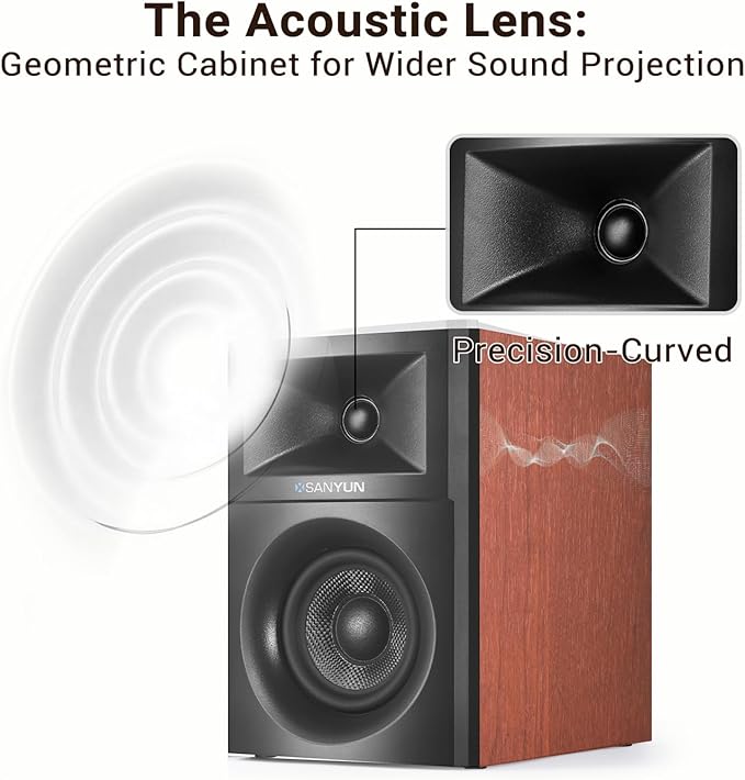 Sanyun SW205 4" 80W HiFi Bookshelf Speakers, 2.0 Active Near Field Studio Monitor, Upgraded 3D Sound Field, Flagship DAC & DSP, Geometric Diffusion Cabinet, Bluetooth 5.4/Optical/AUX, Woodgrain