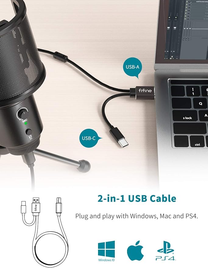 FIFINE USB Desktop PC Microphone with Pop Filter for Computer and Mac, Studio Condenser Mic with Gain Knob Mute Button Headphone Jack for Gaming Streaming Recording YouTube, Extra USB-C Plug-K683A