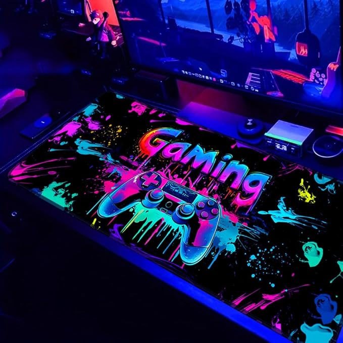 Gaming Mouse Pad, X-Large Waterproof Blacklight Colorful Splatter Art Game Controller Non-Slip Rubber Base Mousemat, Glow in The Dark Desk Mat for Office Home - 31.5 x 11.8 inches
