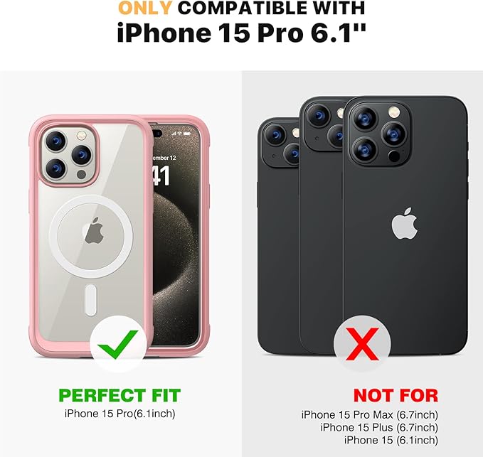 Diaclara Magnetic for iPhone 15 Pro Case, [Military-Grade Drop Proof & Fit for MagSafe] Built-in Shockproof Screen Protector, [Camera Lens Protector] Phone Cover for iPhone 15 Pro 6.1"(Coral Pink)