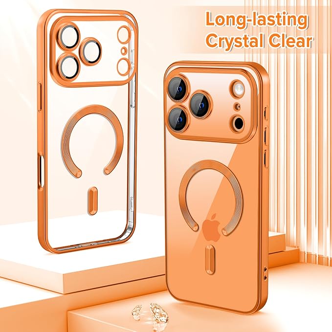 Hython Magnetic Clear for iPhone 17 Pro Case with Camera Lens Protector [Compatible with MagSafe] Luxury Plating Edge Slim Soft TPU Cover Protective Phone Case for iPhone 17 Pro 6.3", Matte Orange