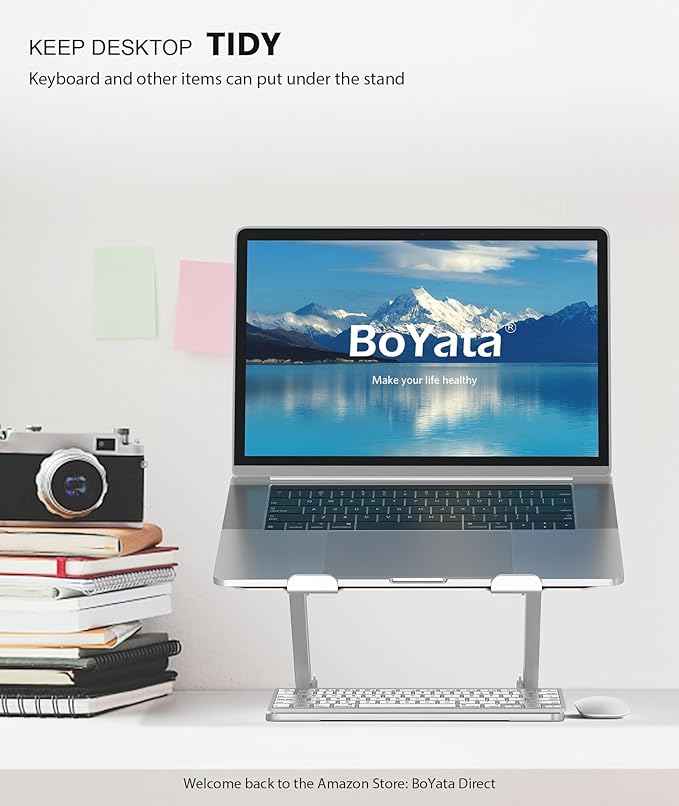 BoYata Laptop Stand, Adjustable Multi-Angle Laptop Holder, Compatible for Laptops up to 17 inches, Sturdy Aluminum & Silicone, Silver