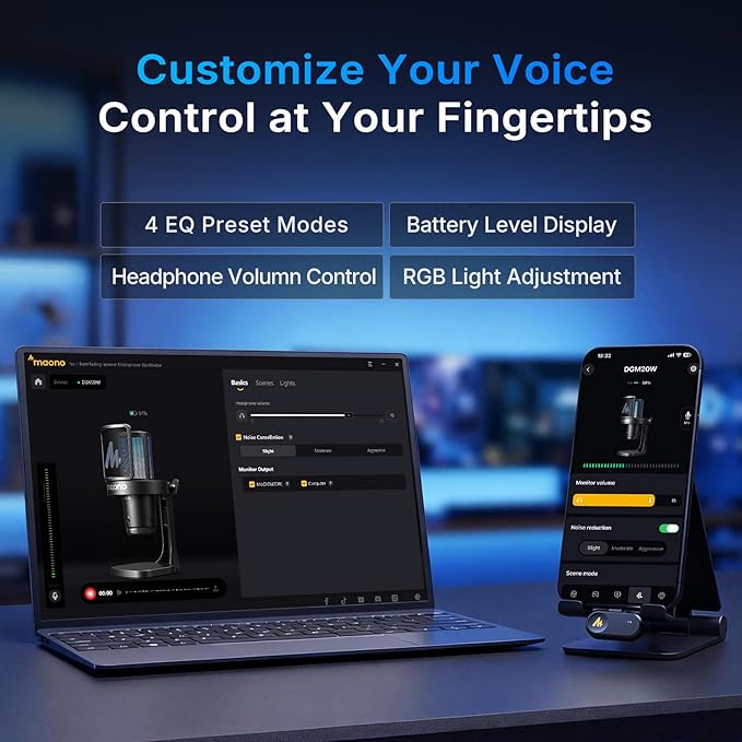 MAONO DGM20W Wireless Gaming Microphone for PC, Condenser USB Mic with Boom Arm for Streaming, Touch Noise Cancellation, Quick Mute,Gain Control,RGB, Computer Condenser Mic for PS5 Twitch Discord