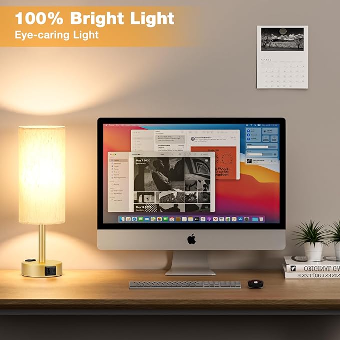 PartageiZ Gold Touch Table Lamps Set - 3 Way Dimmable Bedroom Lamps with USB C and A Ports, Small Lamps for Nightstand with AC Outlet, Gold Base Round Flaxen Shade for Desk, Office, Dorm, Nursery