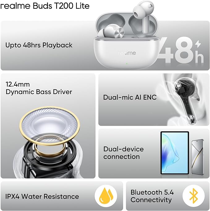 realme Buds T200 Lite Bluetooth in Ear Earbuds,4 Mic, AI ENC for Calls,48 Hours Total Playback with Fast Charging and Ultra Low Latency Gaming TWS, Google Fast Pair, with mic - (Gray)