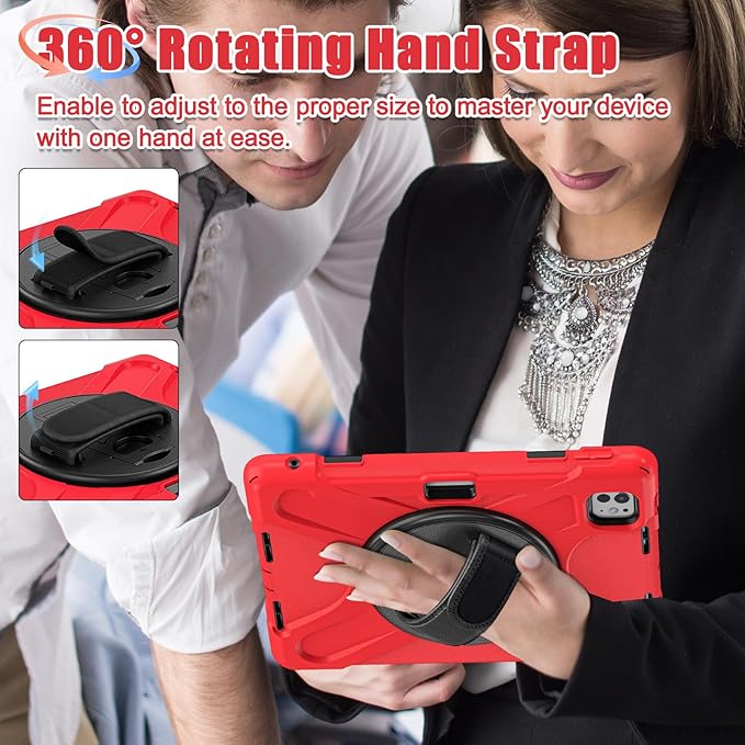 Batianda Case for iPad Pro 13-inch 2025 M5 2024 M4 Chip Heavy Duty Rugged Durability Silicone Tablet Cover with 360° Rotating Hand Strap Foldable Hidden Stand & Shoulder Strap, Red