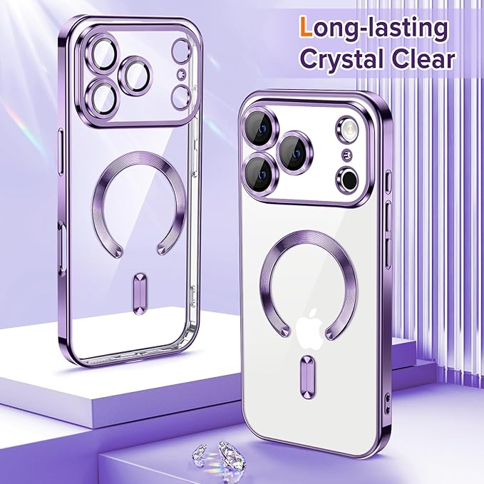 Hython Magnetic Clear for iPhone 17 Pro Max Case with Camera Lens Protector [Compatible with MagSafe] Plating Edge Slim Soft TPU Cover Protective Phone Case for iPhone 17 Pro Max 6.9", Deep Purple