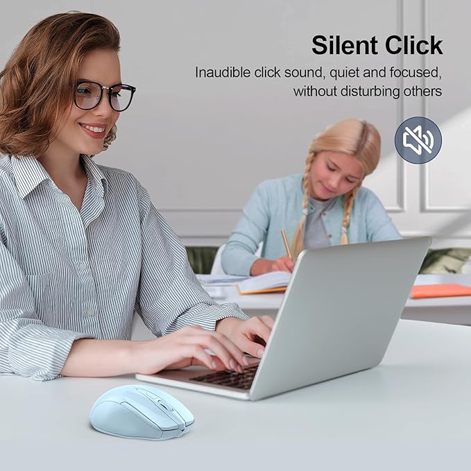 TECKNET Wireless Mouse (2.4G & BT5.0/3.0) Silent 4800 DPI Computer USB A & Bluetooth Mouse 6 Buttons, Wide Compatibility - Lightblue