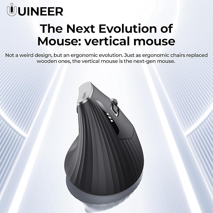 Uineer Ergonomic Vertical Wireless Mouse, 2.4G with USB Receiver, 2400 DPI Optical Sensor, 4 Adjustable DPI Levels, Rechargeable with Battery Indicator, Wide Compatibility with Windows & Mac OS-Black