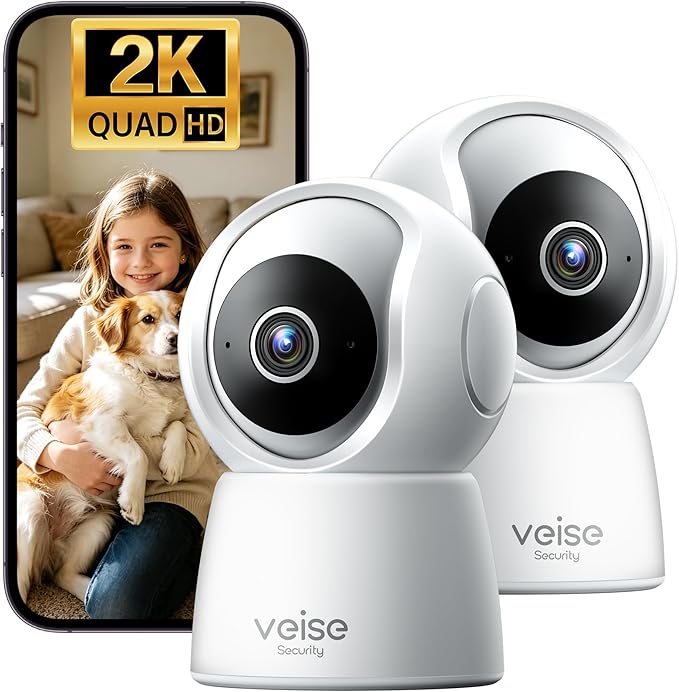 Veise 2K Indoor Camera for Home Security, 360° Wireless WiFi Pet & Baby Monitor with Phone App, AI Motion Detection, 2-Way Audio, Night Vision, SD/Cloud Storage, Works with Alexa & Google Home, 2.4GHz