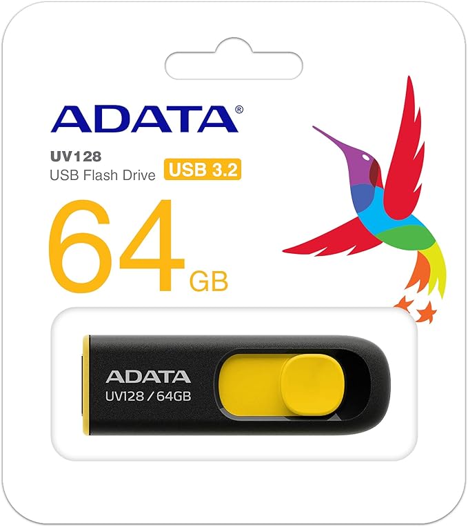 ADATA UV128 64GB USB 3.0 Retractable Capless Flash Drive, Yellow (AUV128-64G-RBY)