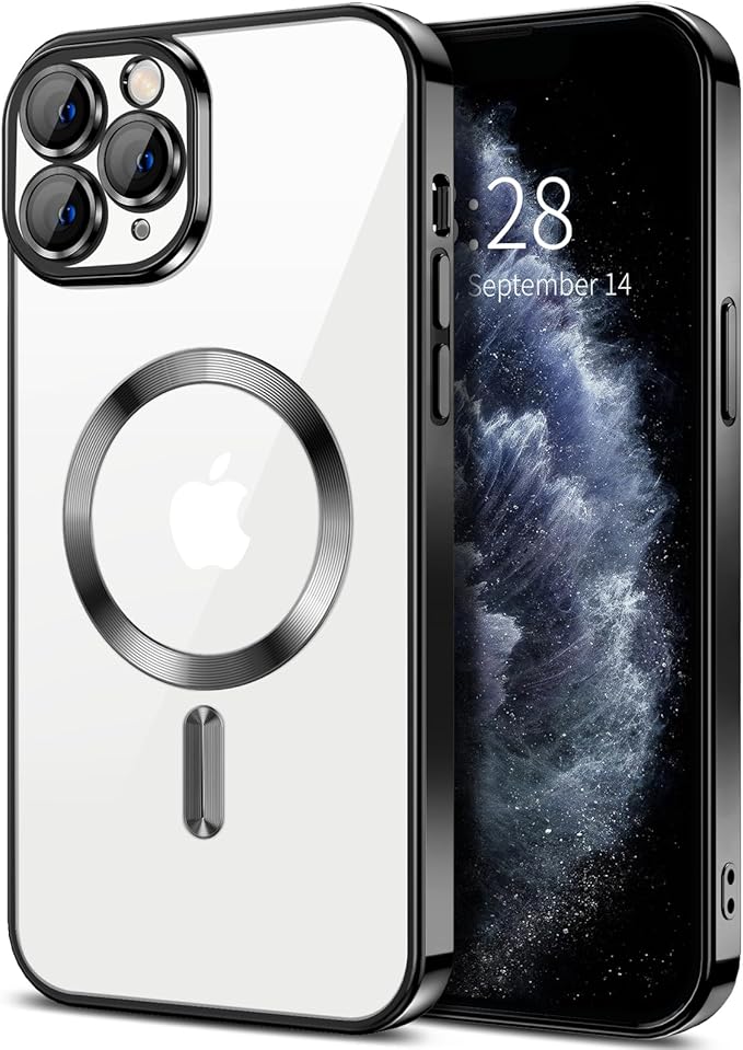 Hython Magnetic Clear for iPhone 11 Pro Case with Camera Lens Protector [Compatible with MagSafe] Luxury Plating Edge Slim Soft TPU Cover Protective Phone Case for iPhone 11 Pro 5.8", Black