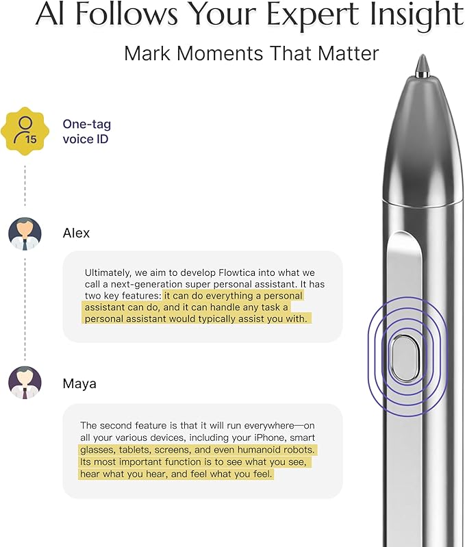 Flowtica Scribe AI Voice Recorder, App Control, Transcribe & Summarize, One-Press Highlight, HiFi Audio, Background Auto-Sync, Note Taker for Meetings & Lectures, Ultra-Slim, Pogopin Cable Included