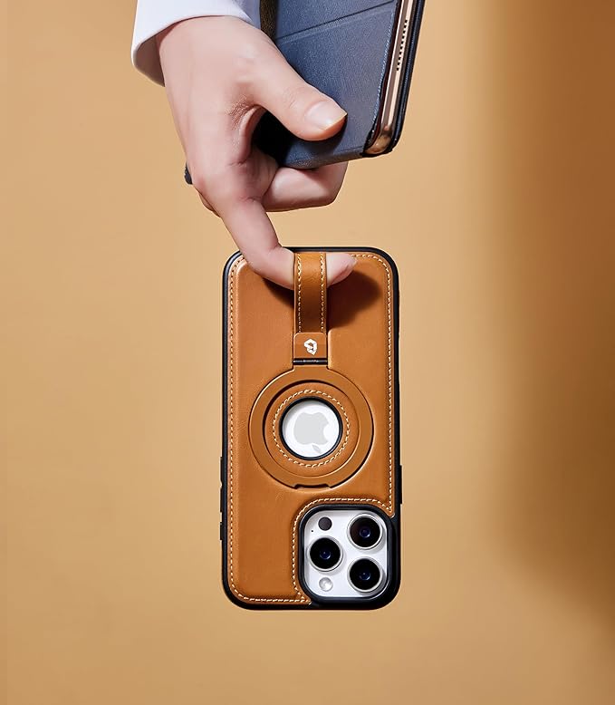 Butaiga for iPhone 14 Pro Max Leather Case with Stand, Anti-Slip Grip Ring, Fits for MagSafe (Brown, iPhone 14 Pro Max)