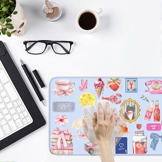 Cute Blue Desk Mat Kawaii Cat Mouse Pad Retro Vintage Large XXL Mousepad Computer Keyboard Laptop Mouse Mat Aesthetic Floral Office Desk Decor for Women Girl