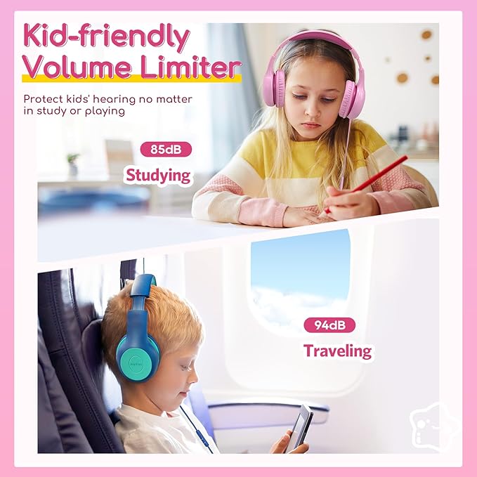 EarFun Kids Headphones Wired with Microphone, 85/94dB Volume Limit Headphones for Kids, Portable Wired Headphone with Shareport, Stereo Sound Foldable Headset for School/Tablet/iPad/Kindle Pink