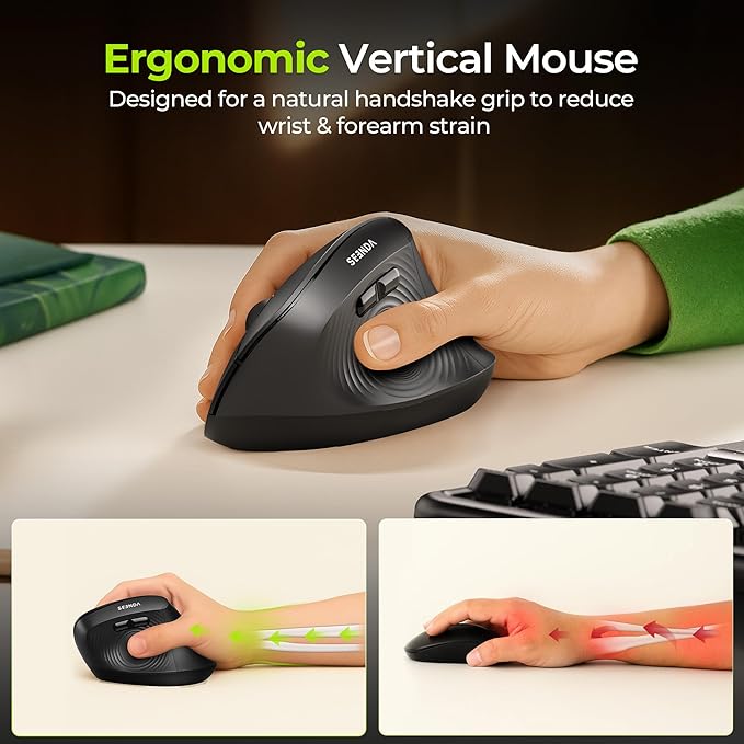 seenda Ergonomic Mouse Wireless, MOU200 Bluetooth Vertical Mouse - 3 Multi-Device Connectivity,1000/1600 /2400 DPI, Ergo Optical Mice for Windows, Mac OS, Computer/PC/Laptop, Black