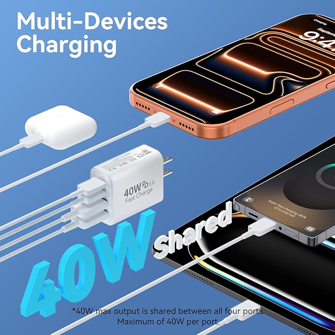 USB C Charger Block, 40W 4 Ports Type C Fast Phone Charging Blocks Cube PD USBC Wall Plug+QC 3.0 USB A Charger Brick Box Power for iPhone 17/16/15/14/13/12 Pro Max, iPad, Samsung Galaxy, Pixel, 2Pack
