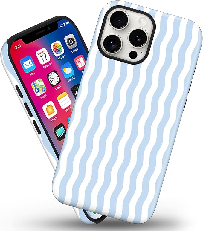 Magnetic for iPhone 13/14 Case Cute Wavy Stripes Phone Case, Shockproof Slim TPU and Hard PC Protective Phone Cover Compatible with MagSafe Designed for Women Girls, Blue
