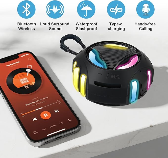 Bluetooth Shower Speaker Waterproof, Portable Bluetooth Speakers Wireless, Outdoor, Floating IPX7, Built-in Mic, 24H Playtime with LED Lights, Loud HD Sound, Powerful Bass, Gifts for Unisex - Black