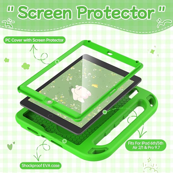 BMOUO Kids Case for iPad 6th/5th Generation (iPad 9.7-inch, 2017/2018), iPad 9.7/Air 2 Casee with Screen Protector, Shockproof Handle Stand iPad 6th 5th Generation Case for Kids, Green