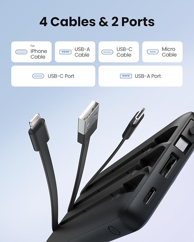 Portable Charger with Built-in Cables, Slim 10000mAh Power Bank with USB C, Travel Essentials External Battery Pack 5 Outputs 2 Inputs LED Display Compatible with iPhone/Android & More(Black)