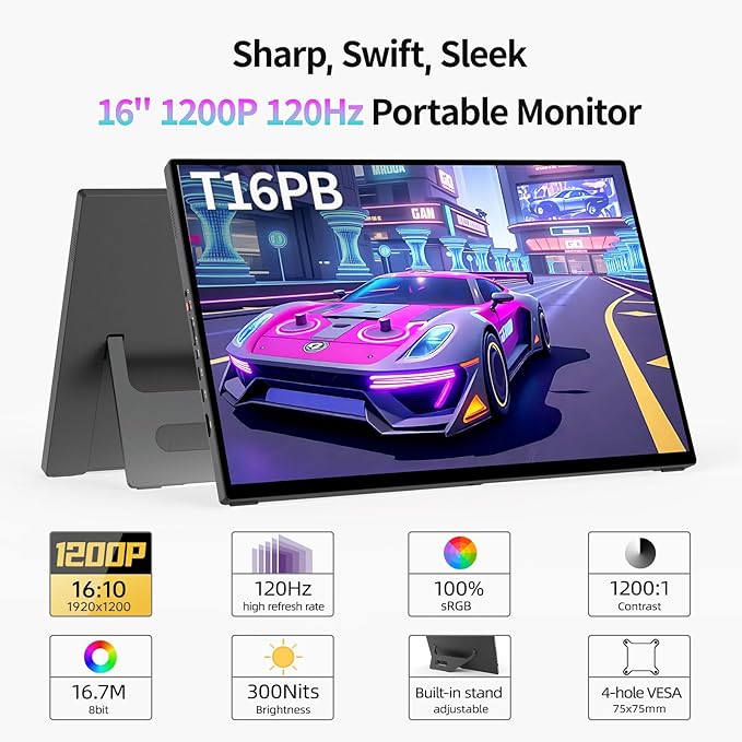 Intehill 16" 120Hz Touchscreen Portable Monitor, Portable Gaming Monitor w/Stand & Speakers, 16:10 Display with Full Laminated Tempered Glass, Touch Screen Travel Monitor for Laptop, T16PB (Black)