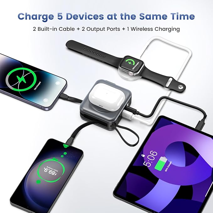 for Magsafe Portable Charger with AC Wall Plug, 6-in-1 Magnetic Wireless Power Bank 10000mAh Built-in Cables, 22.5W Type-C in&Out Fast Charging Battery Pack for iPhone 17/16/15/14/13/12 Series, Gray