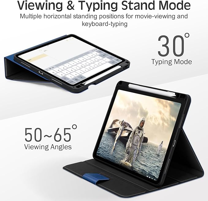 KingBlanc Case for iPad Pro 13 inch (M5 2025/M4 2024) with Pencil Holder, Vegan Leather Stand Cover, Auto Sleep/Wake, Support Pencil Pro/(USB-C), Viewing/Writing Angles, Vintage Notebook Style, Blue