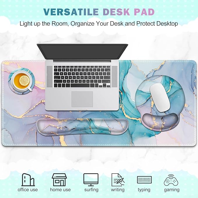 ToLuLu Desk Mat, XXL Large Mouse Pad Wrist Support Set，4 in1 Gaming Mousepad Desk Pad+ Ergonomic Mouse Pad with Wrist Rest + Keyboard Wrist Rest+Coaster for Home Office Computer, Blue Glitter Marble