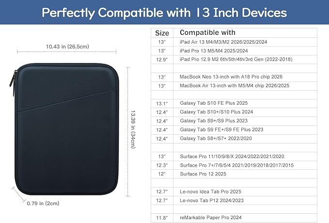 Dadanism 13 Inch Tablet Sleeve Bag Carrying Case for iPad Pro 13" M5/M4 2025/2024, iPad Air 13" M4/M3 2026/2025, iPad Pro 12.9", Galaxy Tab S10+/S9 FE+/S9+ 12.4", Remarkable Paper Pro 11.8", Indigo