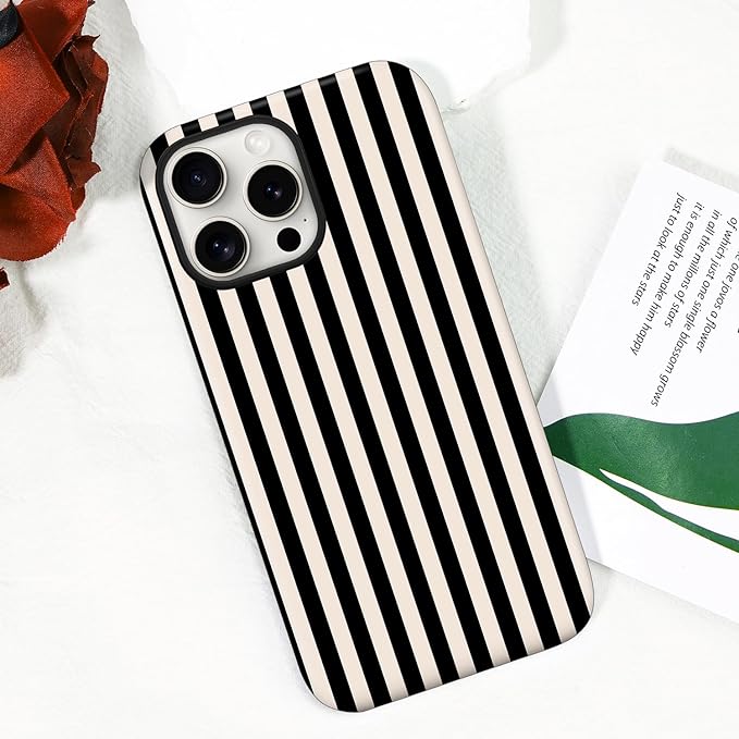 Magnetic for iPhone 15 Case Cute Stripes Phone Case, Shockproof Slim TPU and Hard PC Protective Phone Cover Compatible with MagSafe Designed for Women Girls, Black and White