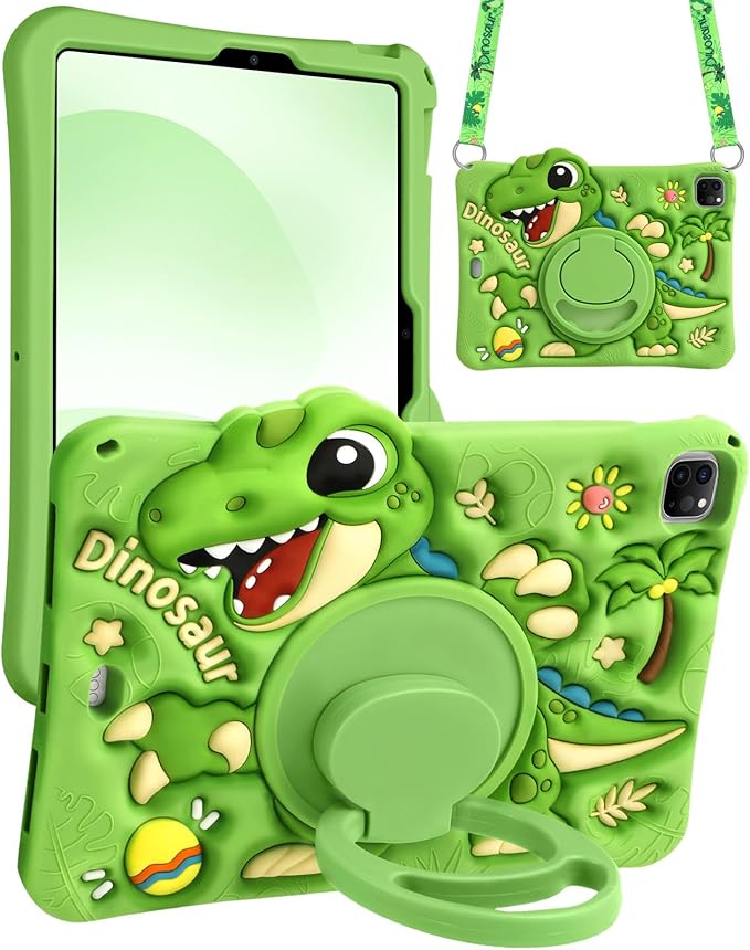 Boaretiu for iPad Air M4/M3/M2 11"/Air 4th/Air 5th Gen/for iPad Pro 11"(1/2/3/4) Case - Cute Cartoon Silicone Cover with Adjustable Shoulder Strap & Rotating Stand for Kids Boys Girls, Green Dinosaur