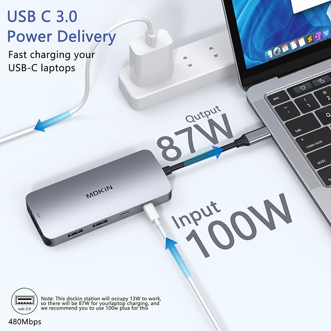 USB C Docking Station Dual HDMI, MOKiN Docking Station 3 Monitors, DisplayPort, VGA, 100W PD Charging, 2USB A 2.0, USB C 2.0 Ports Multiport Adapter, 8 in 1 USB Hub for Dell, HP, Lenovo ThinkPad