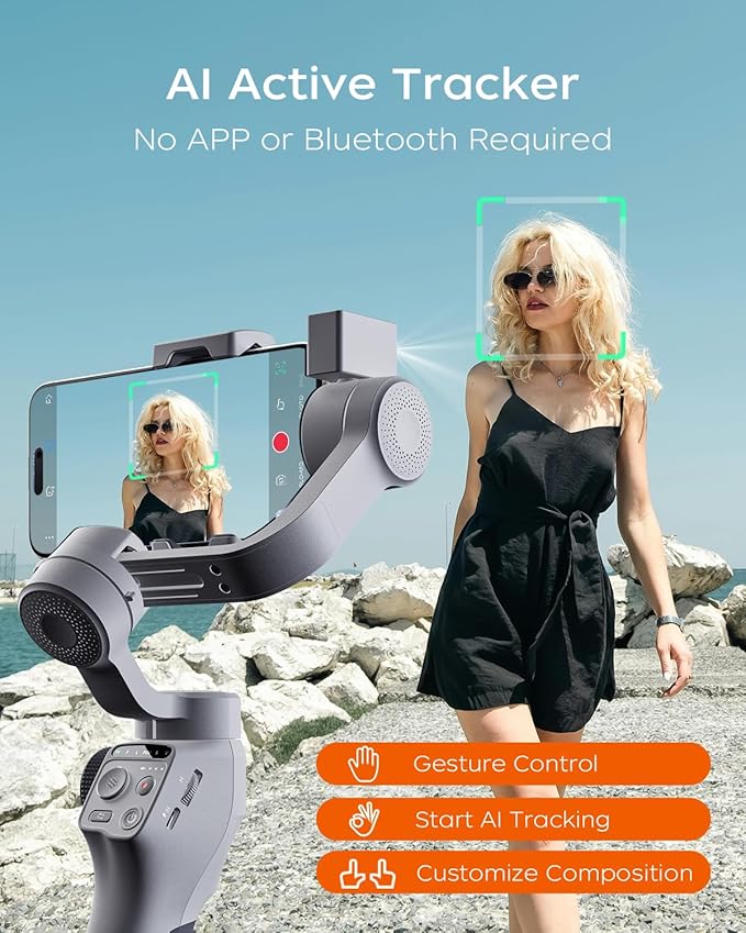 Capture5 Gimbal Stabilizer for Smartphone, Magnetic AI Tracker Fill Light Remote Control 500g Payload, 3-Axis Phone Gimbal for Android & iPhone 16 15 Pro Max for Video Recording（Gray）