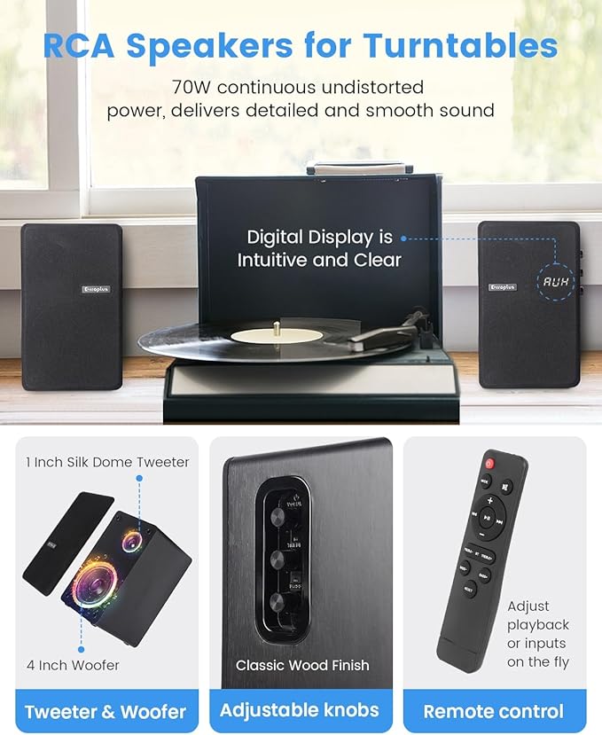 Active Bookshelf Speakers, 80W Powered Vinyl Record Player Speakers with 4 Inch Woofer, Turntable Speakers with Optical/ARC/RCA/AUX/BT Input, Home Stereo Speakers Wired for TV Desktop PC