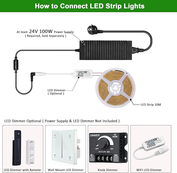 JOLIT 24V COB LED Strip Lights 32.8ft/10M Cool White 6000K 120 Degree Beam Angle, CRI 90+ 384LEDs/M High Density 7650LM Bright Uniform Indoor Adhesive LED Tape Light for Bedroom, Living Room, Office