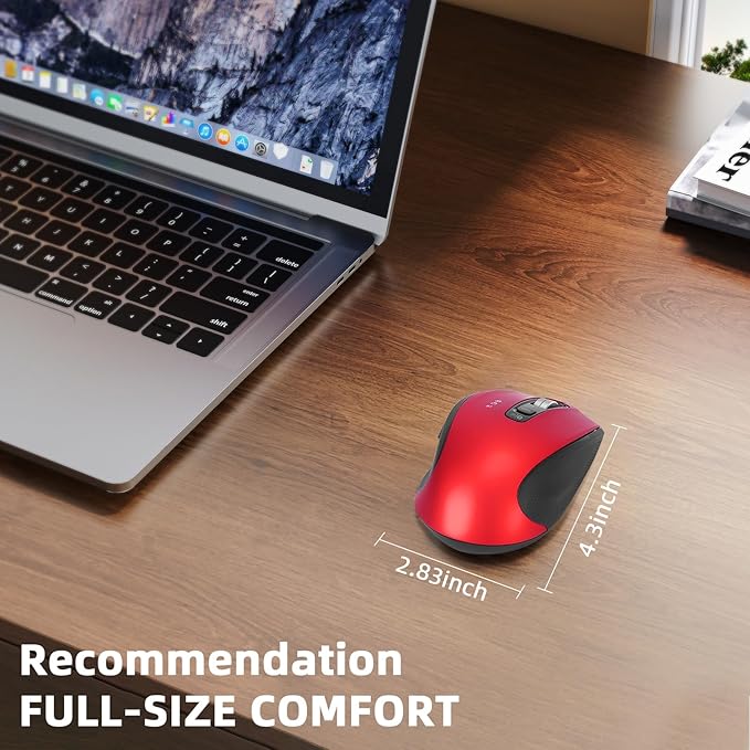 Wireless Bluetooth Mouse with USB-A, USB-C Receiver, Rechargeable, 3-Device, Full-Size, Silent Click, Ergonomic Mice for MacBook/Laptop/Computer/Tablet/PC/iPad-Red