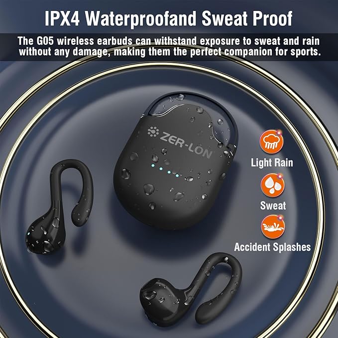 ZER-LON Wireless Earbuds, Bluetooth 5.3 Headphones 60hrs Playtime Noise Cancelling Wireless Headphones Waterproof Over-Ear Buds with Earhooks Built-in Mic Headset for Workout Sports (Black)