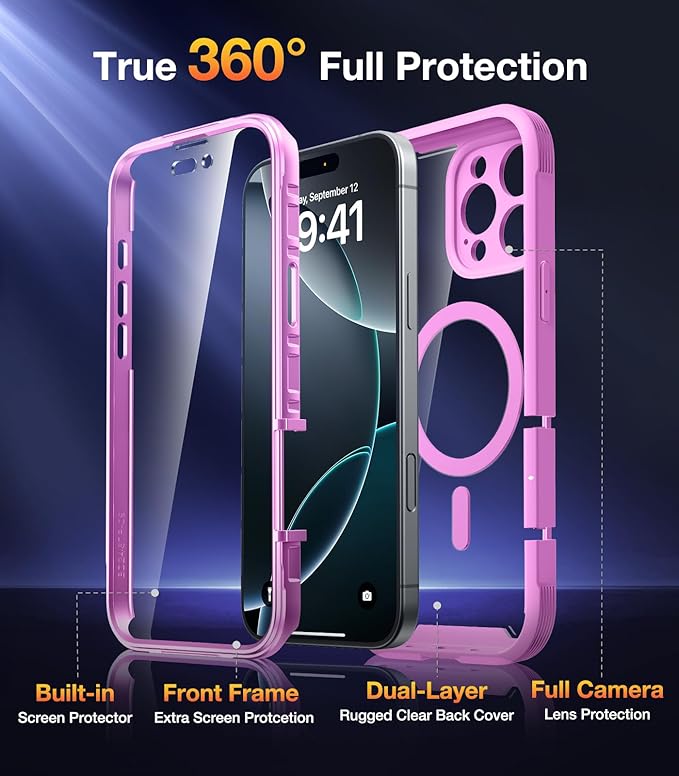 Diaclara Magnetic Designed for iPhone 16 Pro Case, Full Body Rugged with Touch Sensitive Anti-Scratch Screen Protector, Compatible with MagSafe, Soft Bumper Case for iPhone 16 Pro 6.3'', Pink